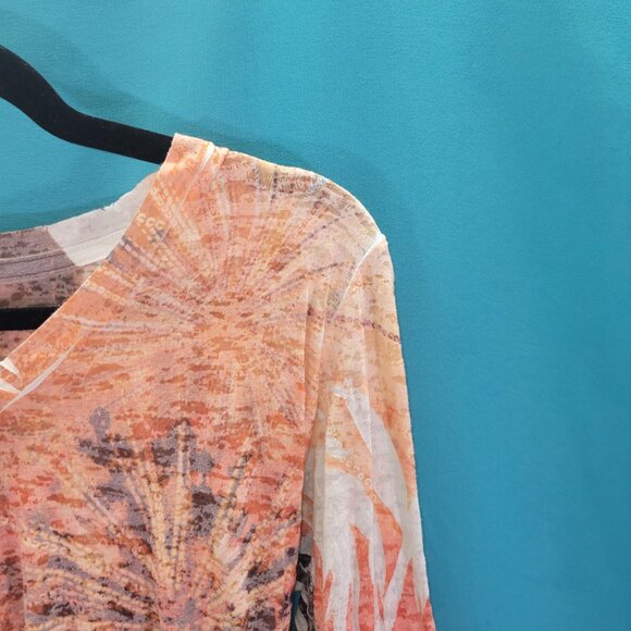 Prana Womens Long Sleeve V-Neck Top Medium Orange/White Abstract Print - Picture 2 of 12